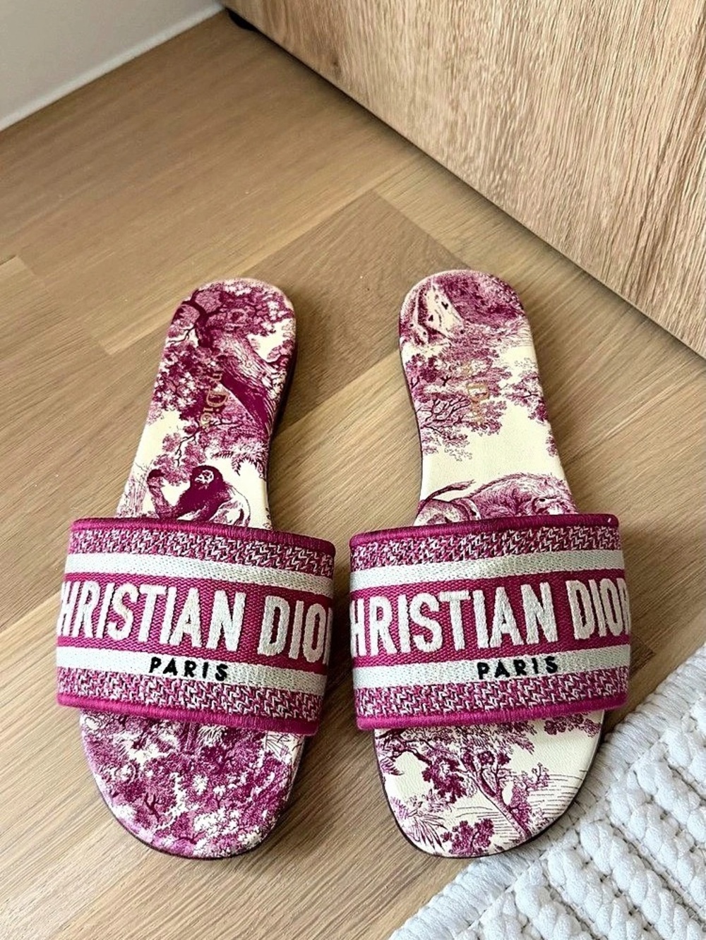 Christian Dior Dway Slide Toile de Jouy Floral Slide Sandals in Pink & White